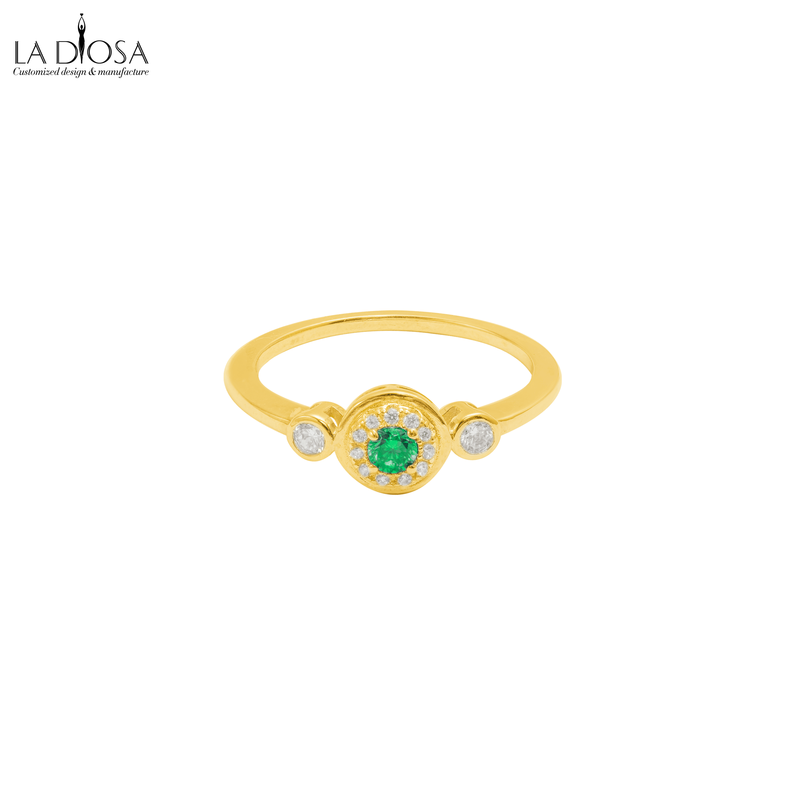 S925 with 18K Gold plated Emerald Three Round Zircon Ring - ladiosa